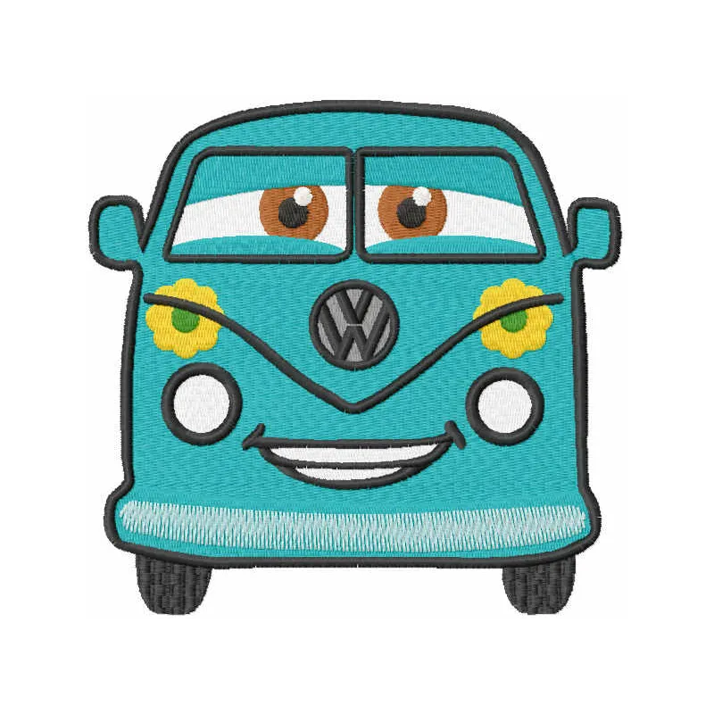Fillmore smiling embroidery design featuring a cheerful car motif, perfect for stitching on t-shirts or tote bags.