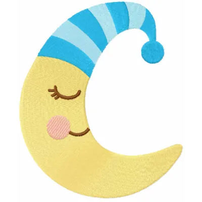Sleeping crescent embroidery design featuring a cute moon motif, perfect for baby items like onesies and blankets.