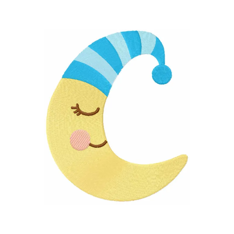 Sleeping crescent embroidery design featuring a cute moon motif, perfect for baby items like onesies and blankets.