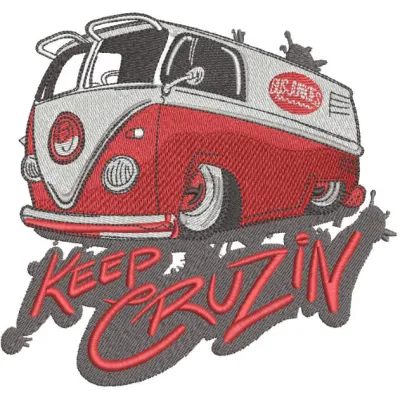 Keep cruzin embroidery design featuring a stylish car motif, perfect for adding flair to apparel and accessories.
