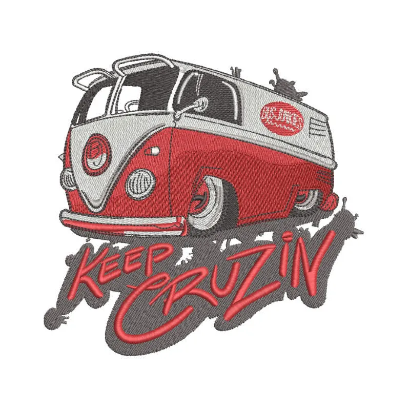 Keep cruzin embroidery design featuring a stylish car motif, perfect for adding flair to apparel and accessories.