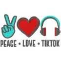 Peace Love TikTok embroidery design showcasing a trendy motif ideal for t-shirts or tote bags.