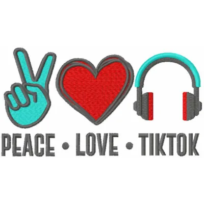 Peace Love TikTok embroidery design showcasing a trendy motif ideal for t-shirts or tote bags.
