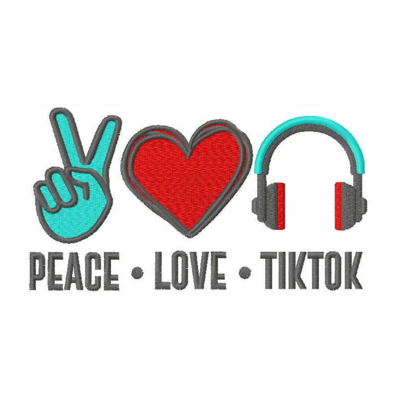 Peace Love TikTok embroidery design showcasing a trendy motif ideal for t-shirts or tote bags.