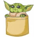 Embroidery design featuring Baby Yoda peeking out from a pocket, perfect for stitching on baby onesies or hoodies.