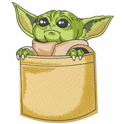 Embroidery design featuring Baby Yoda peeking out from a pocket, perfect for stitching on baby onesies or hoodies.