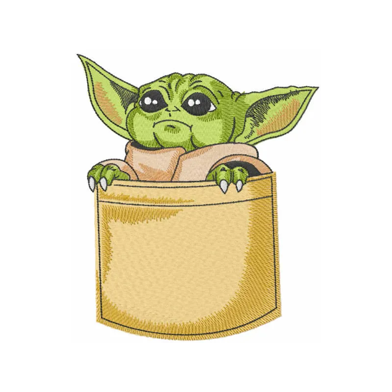 Embroidery design featuring Baby Yoda peeking out from a pocket, perfect for stitching on baby onesies or hoodies.