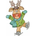 Deer ice skating embroidery design featuring a charming woodland creature on a winter-themed pattern.