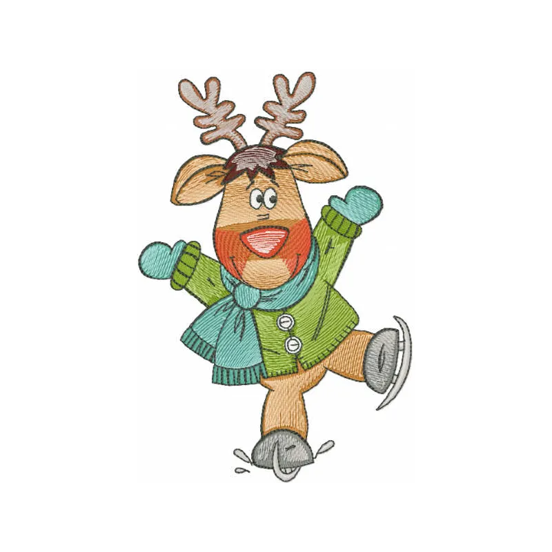 Deer ice skating embroidery design featuring a charming woodland creature on a winter-themed pattern.