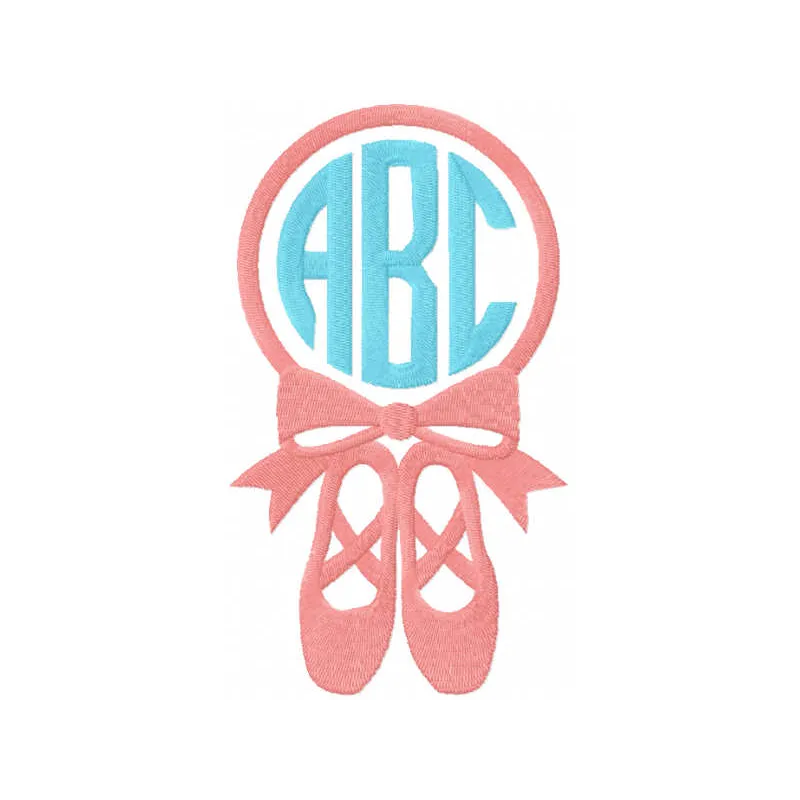 Ballet Shoe Monogram embroidery design showcasing a delicate ballet shoe motif for personalized stitching.