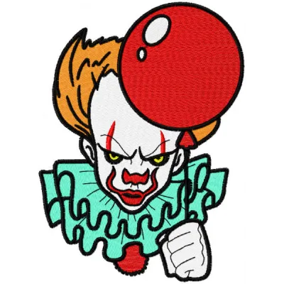 Joker with balloon embroidery design displayed on a colorful fabric, showcasing fun stitching patterns.