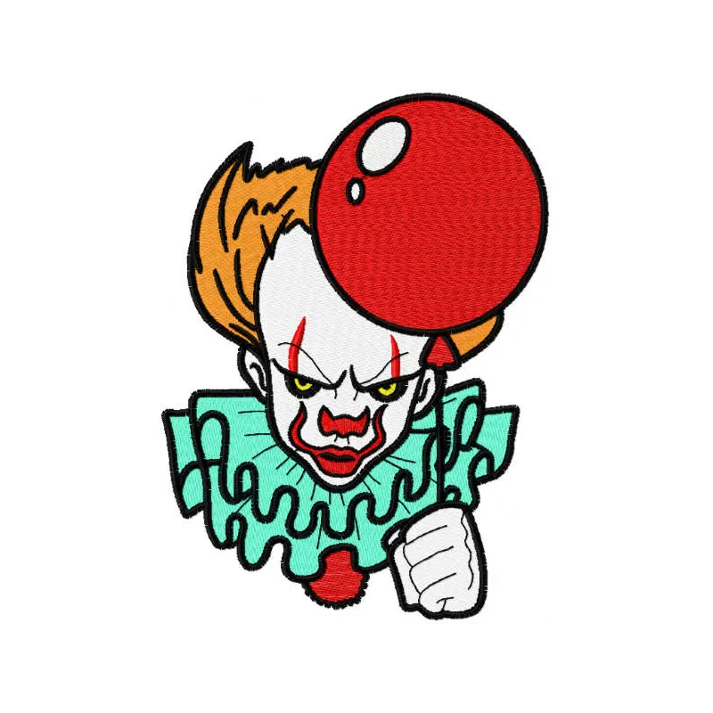 Joker with balloon embroidery design displayed on a colorful fabric, showcasing fun stitching patterns.