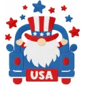 4th of July gnome on truck embroidery design featuring festive colors for patriotic stitching projects.