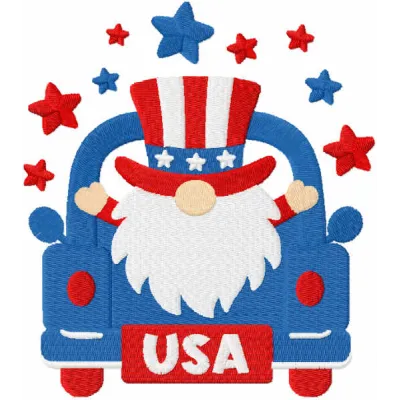 4th of July gnome on truck embroidery design featuring festive colors for patriotic stitching projects.