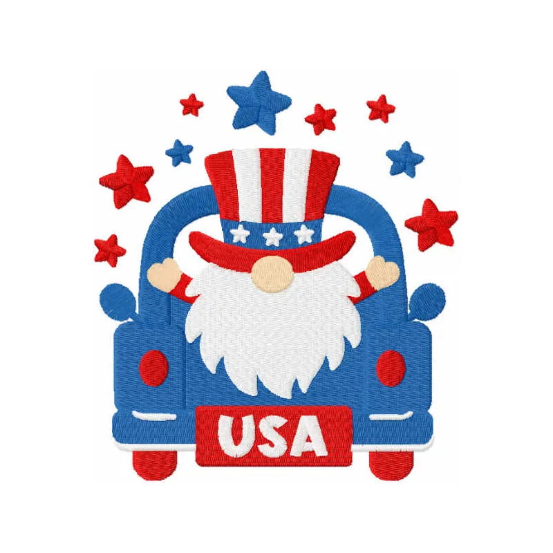 4th of July gnome on truck embroidery design featuring festive colors for patriotic stitching projects.