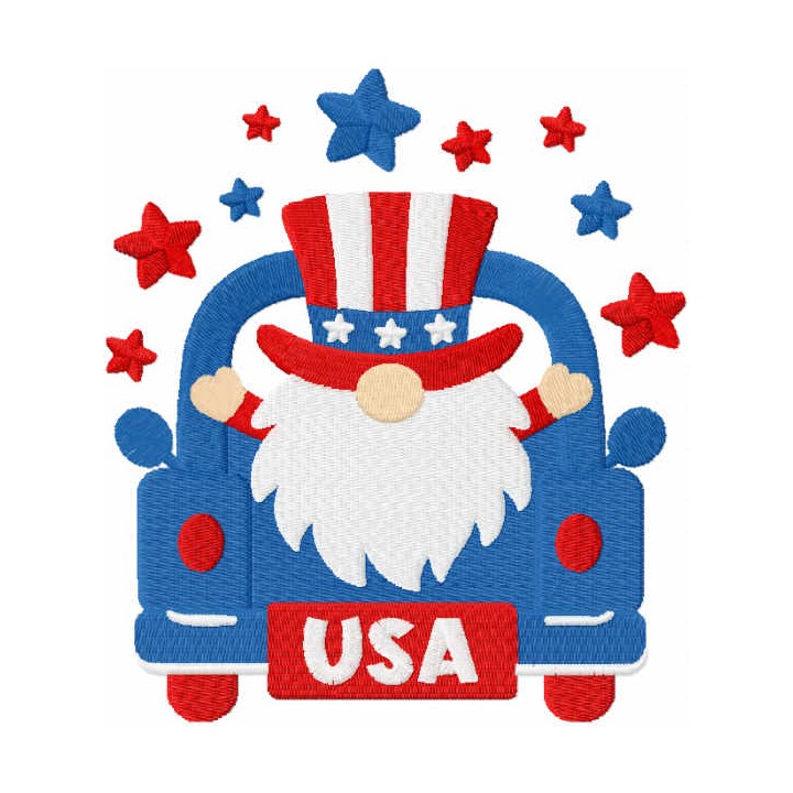 4th of july gnome on truck embroidery design - Embroidery Design