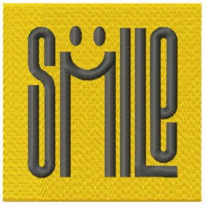Smile lettering embroidery design showcasing cheerful text pattern, ideal for t-shirts and tote bags.