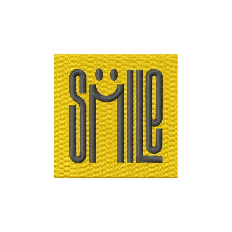 Smile lettering embroidery design showcasing cheerful text pattern, ideal for t-shirts and tote bags.