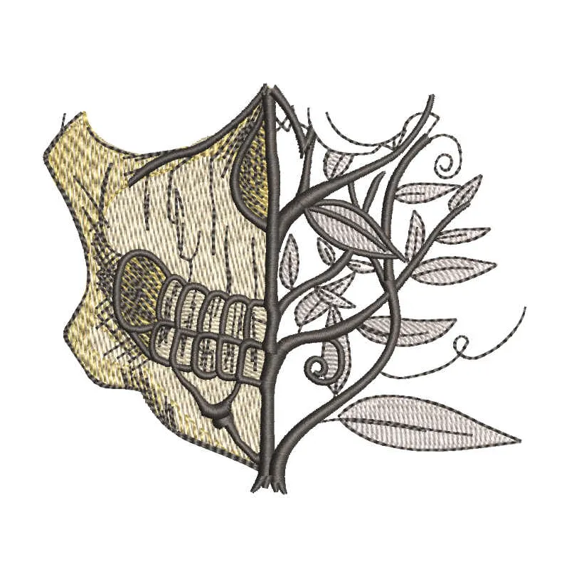 Spring skull facemask embroidery design featuring floral motifs and a creative skull pattern for masks.
