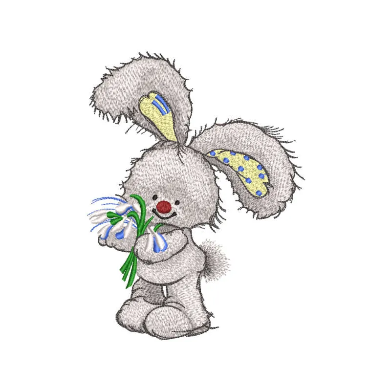 Bunny with snowdrops embroidery design showcasing a charming stitched motif of a rabbit surrounded by flowers.