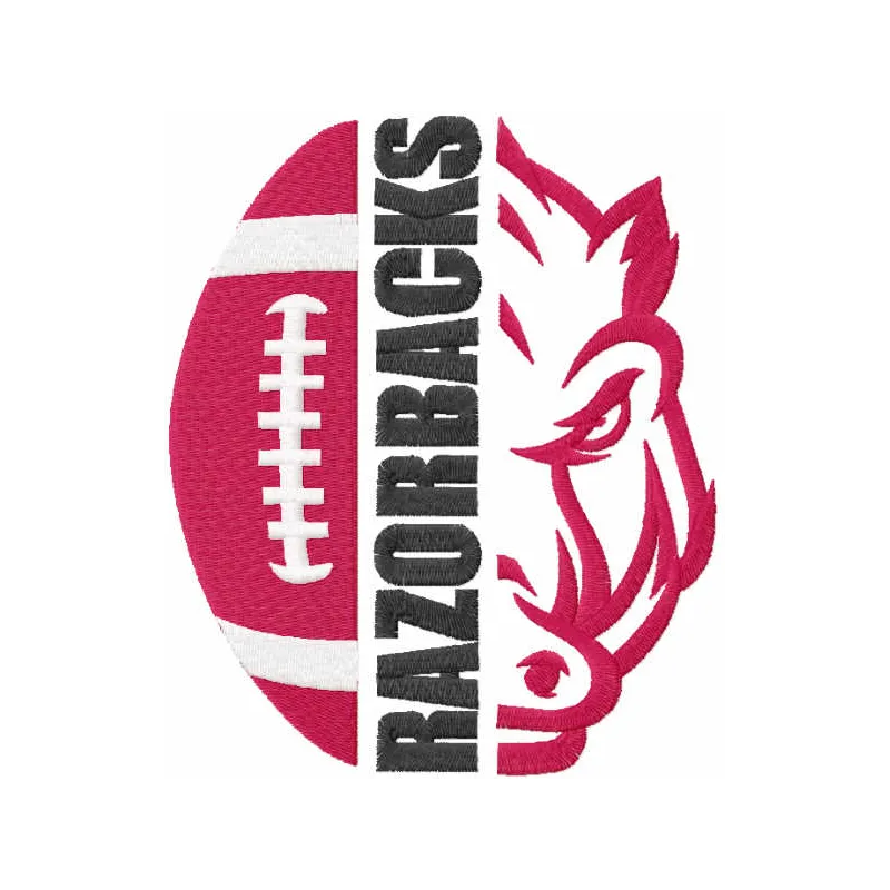Razorbacks football logo embroidery design showcasing a detailed stitched motif for sports enthusiasts.