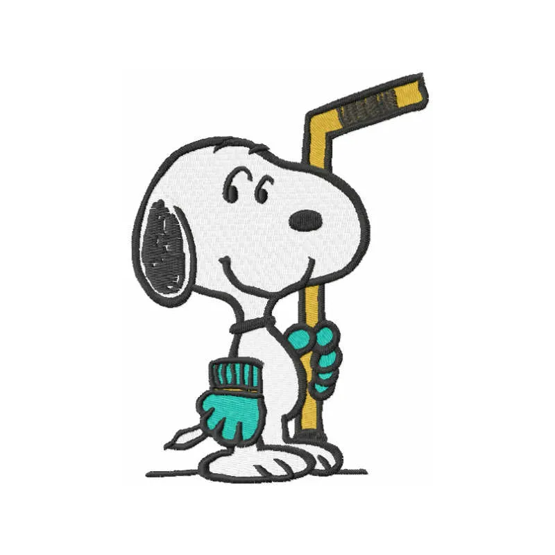 Snoopy hockey embroidery design featuring the beloved character in action, perfect for stitching on apparel and accessories.