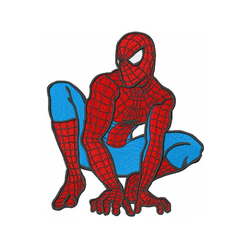 Spiderman ready to attack embroidery design featuring dynamic action pose for creative stitching projects.