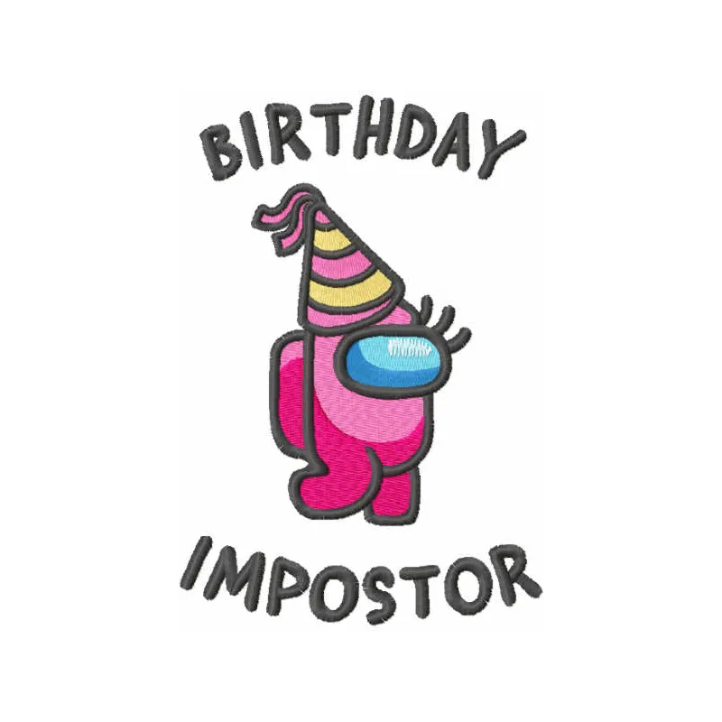 Birthday Impostor embroidery design featuring a playful Among Us character for festive stitching projects.
