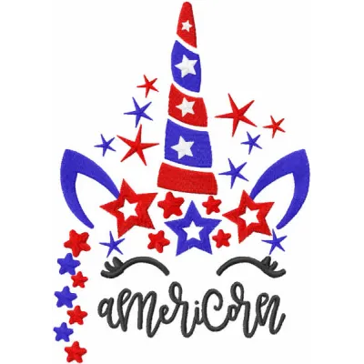 Americorn embroidery design showcasing a whimsical unicorn with American flag elements, perfect for t-shirts and tote bags.