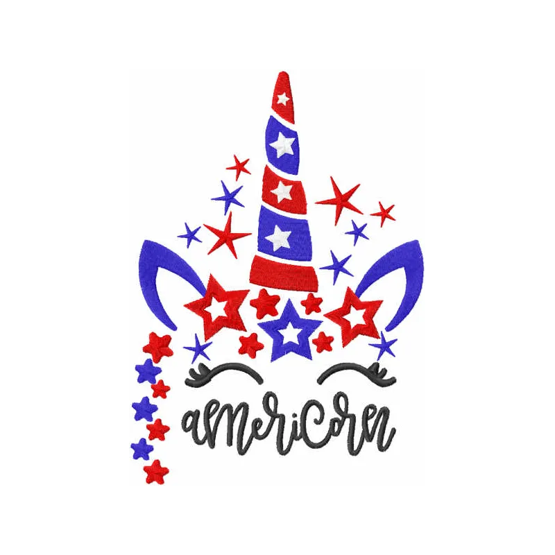 Americorn embroidery design showcasing a whimsical unicorn with American flag elements, perfect for t-shirts and tote bags.