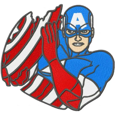 Embroidery design featuring Captain America with a broken shield, ideal for creative stitching projects.