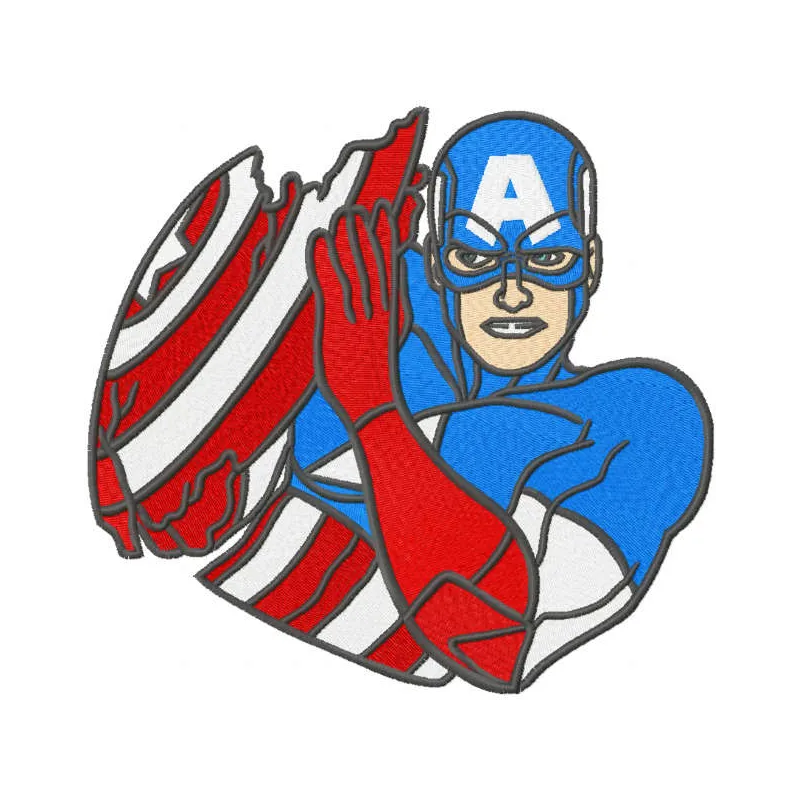 Embroidery design featuring Captain America with a broken shield, ideal for creative stitching projects.