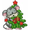 Mouse hugs a beautifully adorned Christmas tree in this delightful embroidery design, perfect for festive projects.