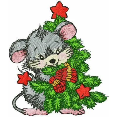 Mouse hugs a beautifully adorned Christmas tree in this delightful embroidery design, perfect for festive projects.