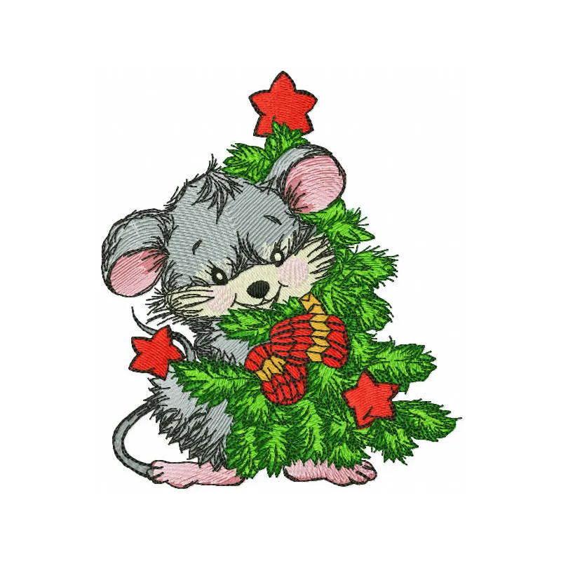 Mouse hugs a beautifully adorned Christmas tree in this delightful embroidery design, perfect for festive projects.