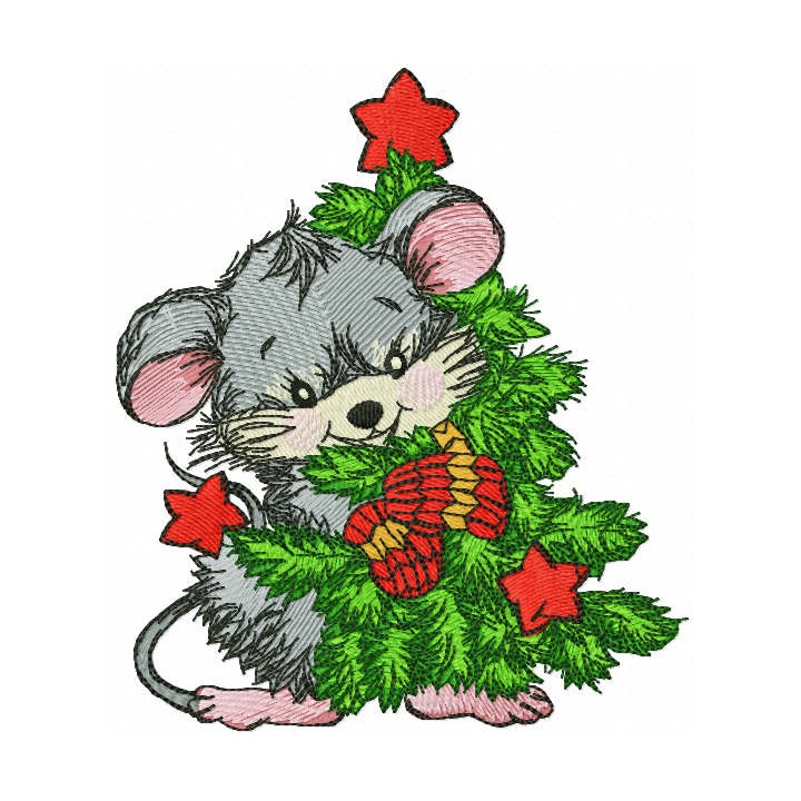 Mouse hugs Christmas tree embroidery design - Embroidery Design