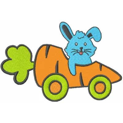 Bunny carrotmobil embroidery design featuring a playful bunny with carrots, perfect for Easter-themed projects.