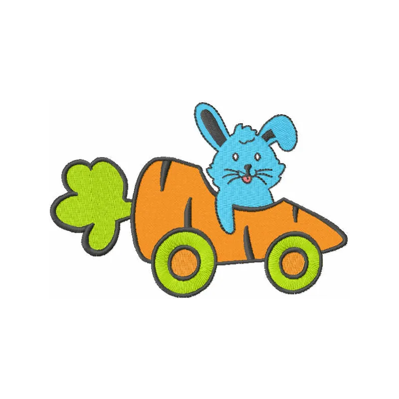 Bunny carrotmobil embroidery design featuring a playful bunny with carrots, perfect for Easter-themed projects.