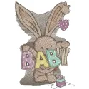 Embroidery design of a baby bunny toy for newborns, ideal for stitching on baby blankets or onesies.