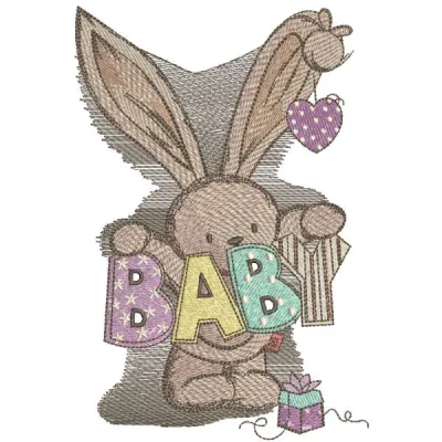 Embroidery design of a baby bunny toy for newborns, ideal for stitching on baby blankets or onesies.