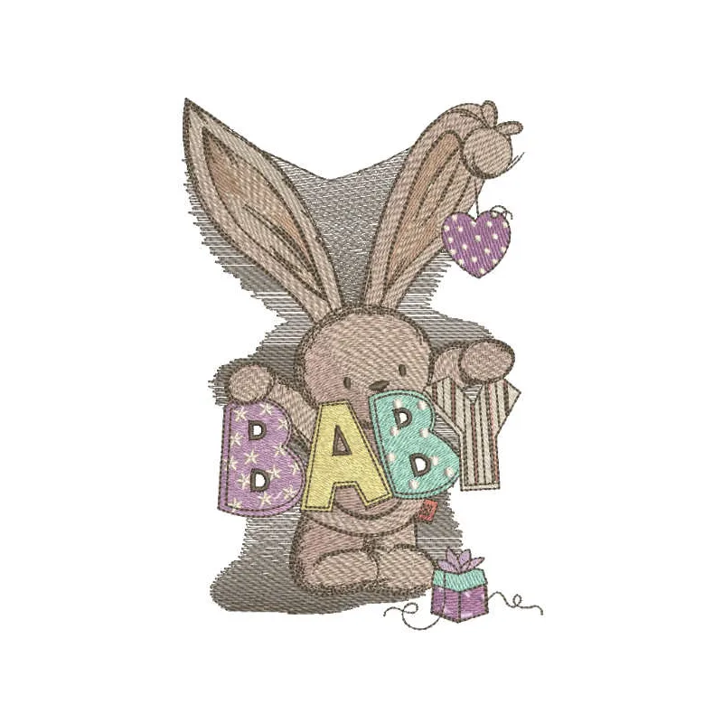 Embroidery design of a baby bunny toy for newborns, ideal for stitching on baby blankets or onesies.
