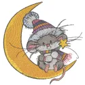 Swinging on the moon embroidery design featuring a cute mouse, ideal for decorating t-shirts and baby onesies.