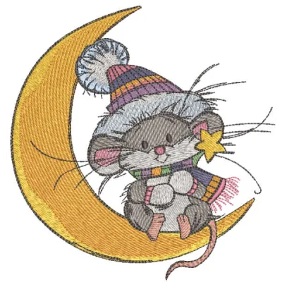 Swinging on the moon embroidery design featuring a cute mouse, ideal for decorating t-shirts and baby onesies.