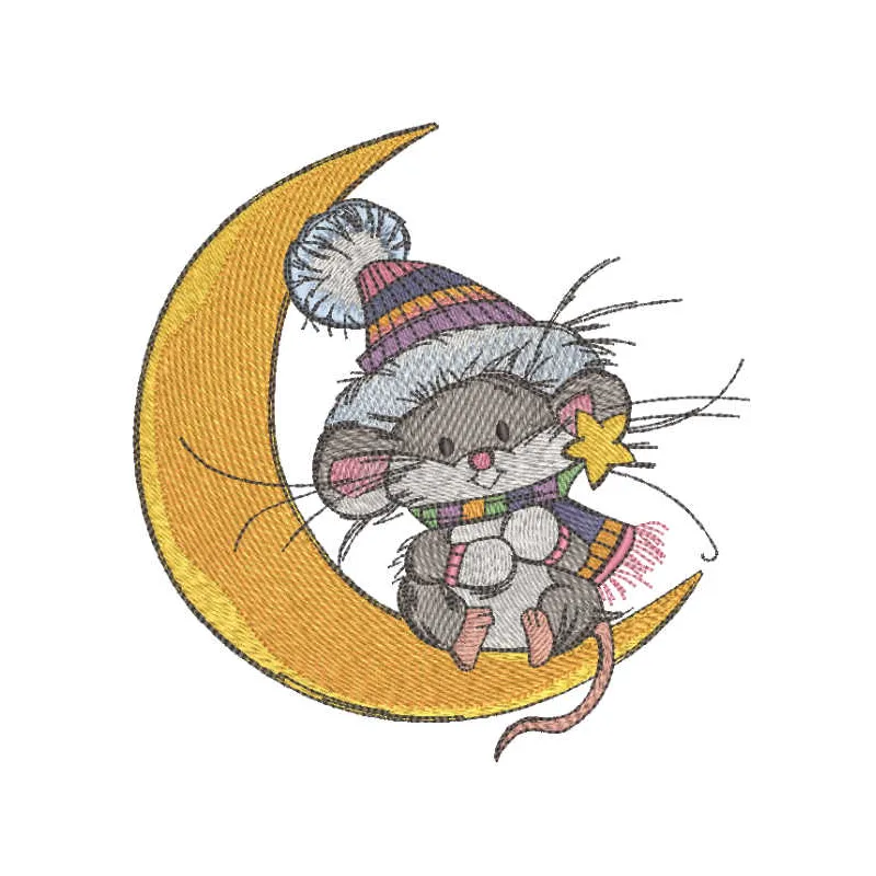 Swinging on the moon embroidery design featuring a cute mouse, ideal for decorating t-shirts and baby onesies.