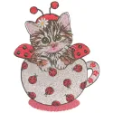 Embroidery design featuring a cute kitten in a ladybug costume, perfect for playful stitching projects.