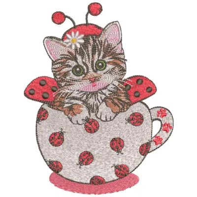 Embroidery design featuring a cute kitten in a ladybug costume, perfect for playful stitching projects.