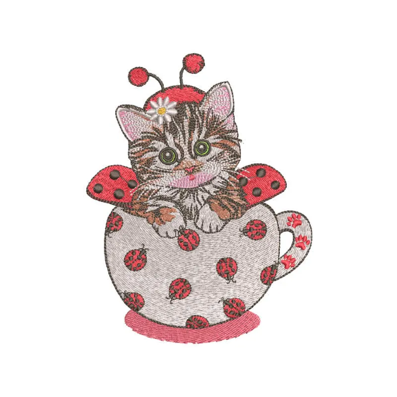 Embroidery design featuring a cute kitten in a ladybug costume, perfect for playful stitching projects.