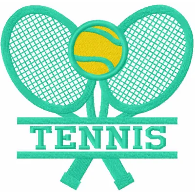 Tennis logo embroidery design preview showcasing a vibrant stitched motif for sports apparel and accessories.