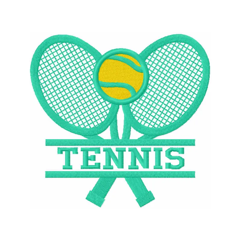 Tennis logo embroidery design preview showcasing a vibrant stitched motif for sports apparel and accessories.