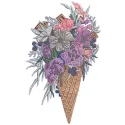 Embroidery design featuring a waffle cone filled with a bouquet of vibrant flowers, ideal for creative stitching projects.